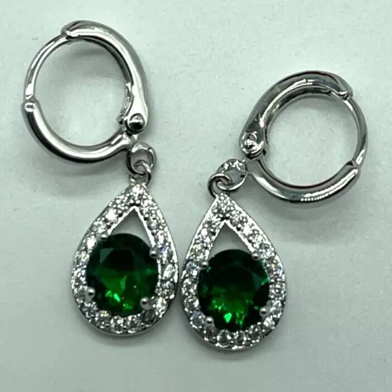 Earrings. Silver Tone Emeral Green Crystal w Clear Crystal Opal Shape Frame.