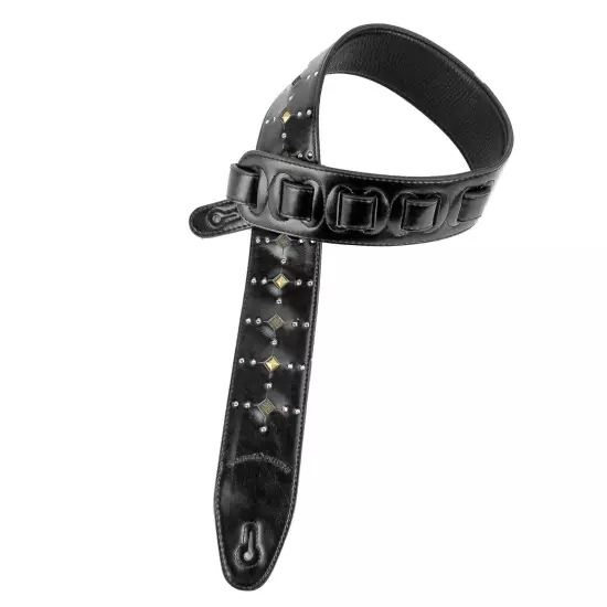 Walker & Williams GE-221 Black Leather Guitar Strap Inset Studs & Silver Rivets