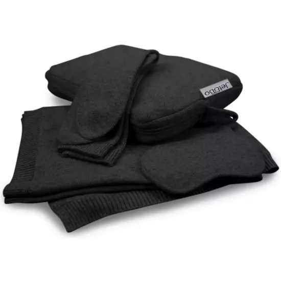 Jet&Bo 100% Cashmere Travel Set: Blanket, Eye Mask, Socks, Carry Case Black