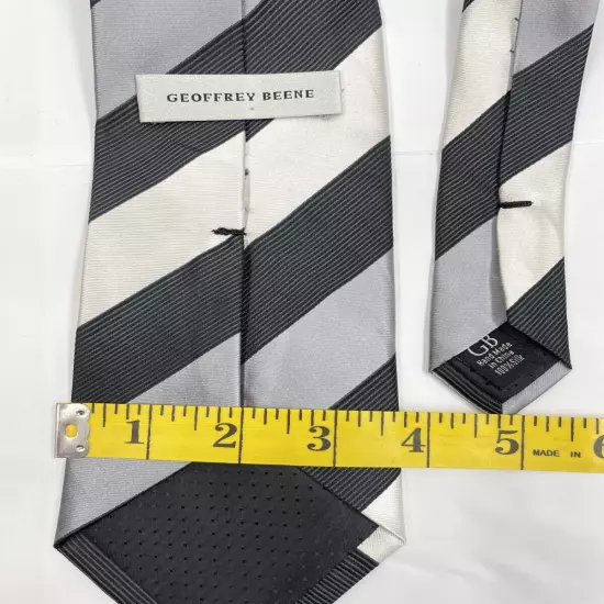 Geoffrey Beene Silver Black White Striped Regimental Repp Silk Tie 3.8" x 59"