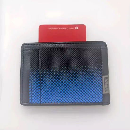 New Tumi Alpha Blue Ombre Dot RFID Card Case / Money Clip * Leather & Nylon *