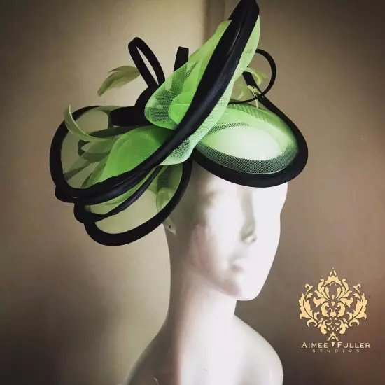 Royal Ascot Hat Kentucky Derby Fascinator Black Lime Green Church Headpiece Big