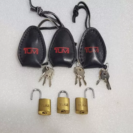 Lot of (3) Vintage Tumi Brass Luggage Travel Bag Lock, Keys & Leather Keeper