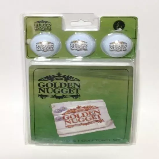 Golden Nugget Casino ~ 3 Golf Balls and Golf Towel Set ~ Sparkly Gold Logo ~ NIP