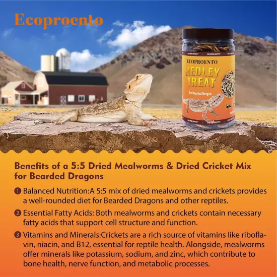 Ecoproento Bearded Dragon Food Mix- 5Oz Dried Cricket & Dried Mealworms - High P