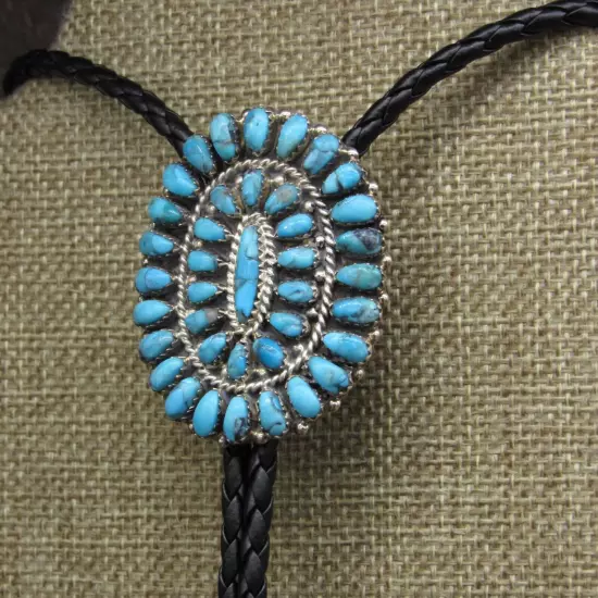 Navajo Sterling Silver Oval Turquoise Cluster Bolo Tie By Anita Whitegoat