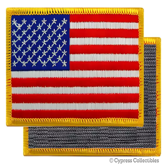 AMERICAN FLAG EMBROIDERED PATCH GOLD BORDER USA US w/ VELCRO® Brand Fastener