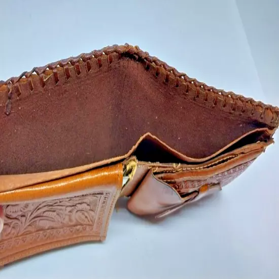 Vintage Bi Fold Wallet Made in Mexico Brown Genuine Leather 1970s Horse Pistol