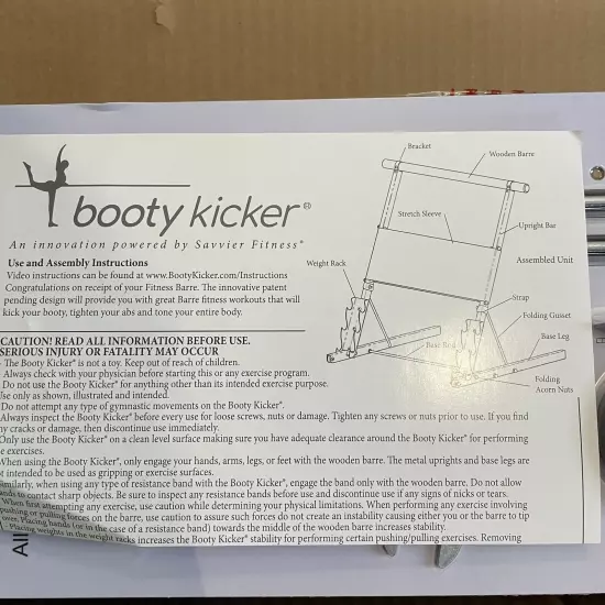 Booty Kicker Home Fitness Exercise Barre Unit Folds Flat Portable Storable 8211