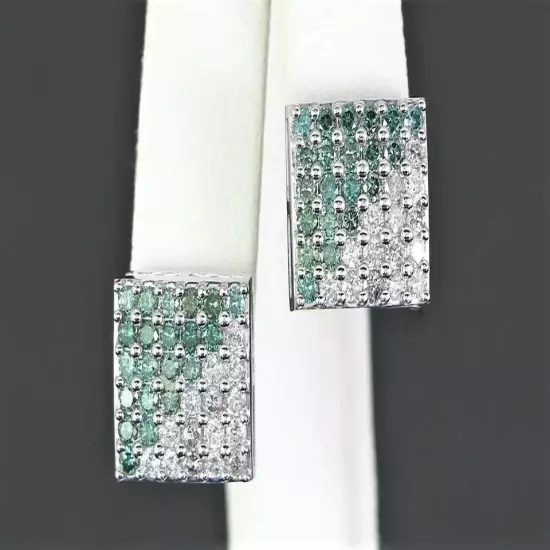 Men's 14K White Gold Plated Half Round Green Diamond Square Screw Stud Earrings~