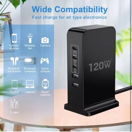 USB C Charger Block, 120W GaN 5 Port PD USB-C and QC USB-A Charging Station