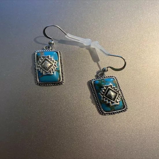 Turquoise Bohemian Style Earrings Antique Silver Plated Dangle/Drop Brand New