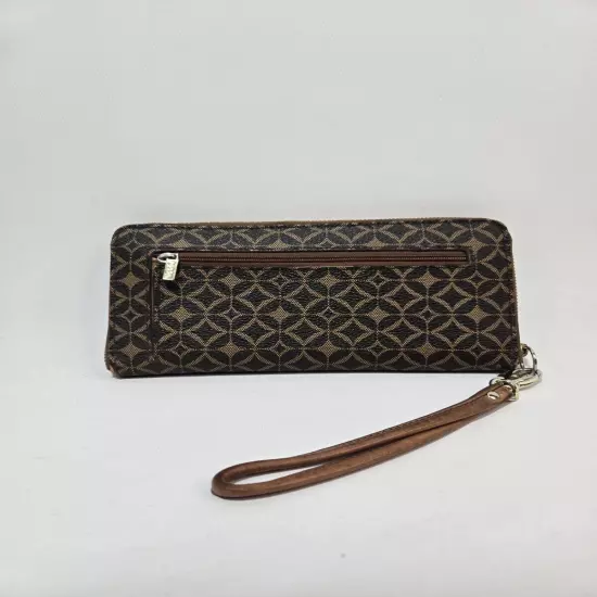 Fossil Clutch Wallet Zip Around Brown Leather Geometric Pattern