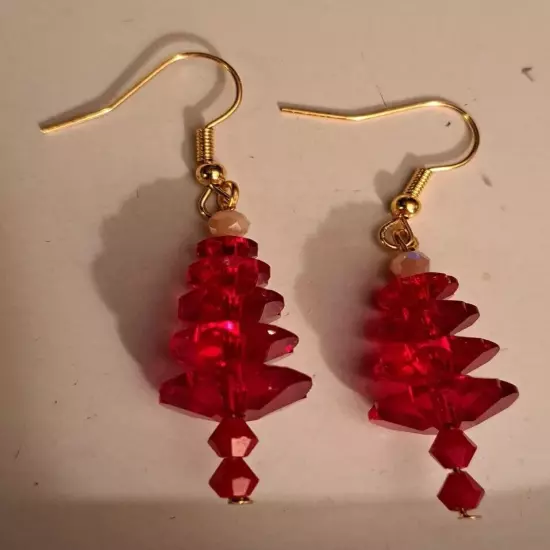 Christmas Tree Earrings 3D Red Holiday 3/4" Long Dangle