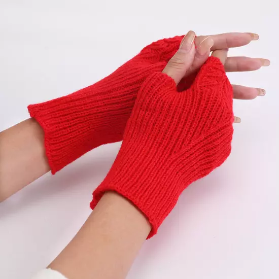 Womens Fingerless Gloves Wool Knitted Mittens Wrist Half Finger Short Gloves