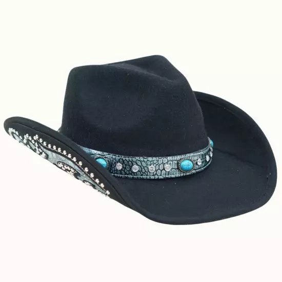 100% Wool Western Cowboy Hat with Turquoise Trim Along Brim *BLACK*