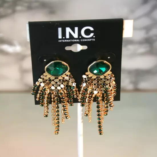 INC gold tone green & black crystal fringe stud earrings 2 1/2"