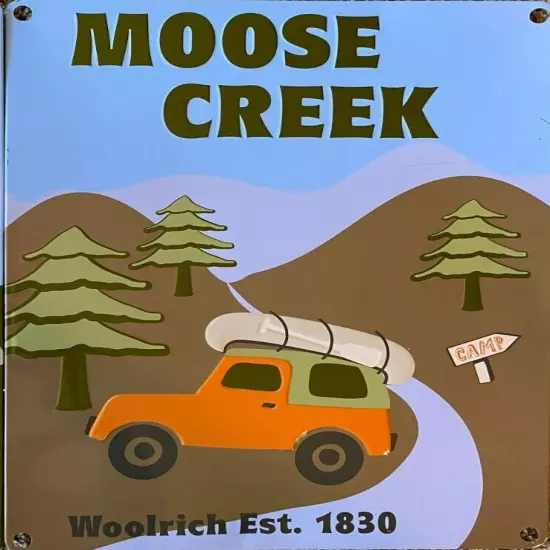 NEW 11x14 Metal Tin Woolrich Moose Creek Sign Canoe on SUV Campgrounds