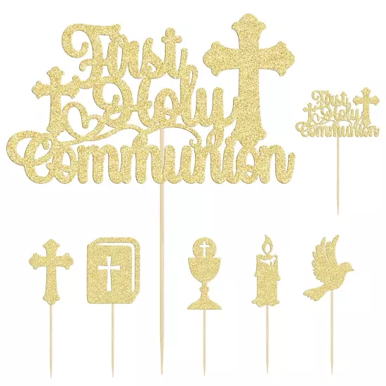 Gyufise 25Pcs First Holy Communion Cupcake Toppers Gold Glitter First Communi...