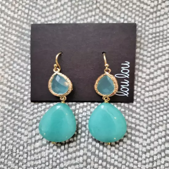 Lou Lou Aquamarine Teardrop Dangle Earrings with Rhinestone Connectors NWOT