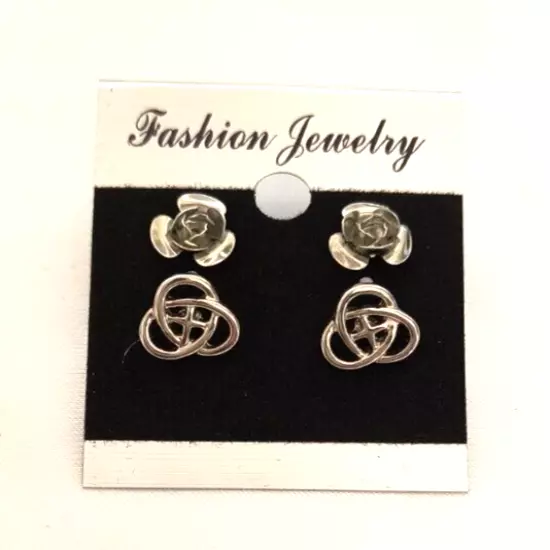 New Fashion Jewelry Women's 2 Pair Stud Earrings Silvertone Roses & Celtic Knots