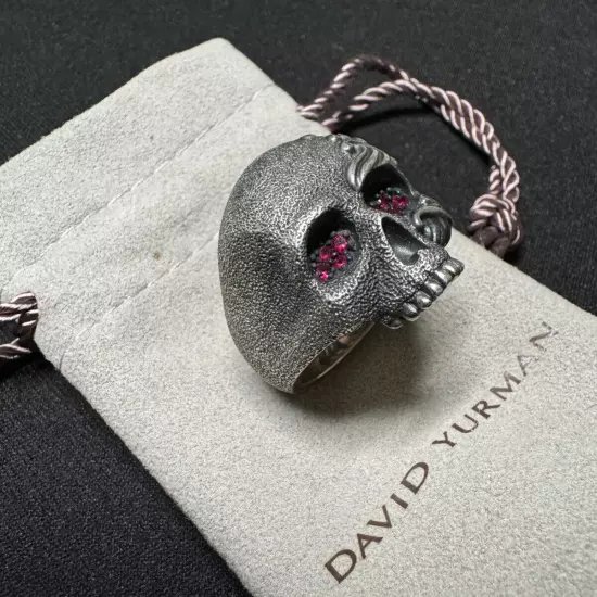 Men's David Yurman 925 Stirling Silver Waves Ruby Eyes Skull Ring Size 10