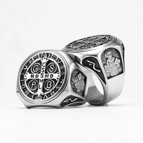 Catholic Saint Benedict Exorcism Amulet Men Rings Stainless Steel Size 7-13