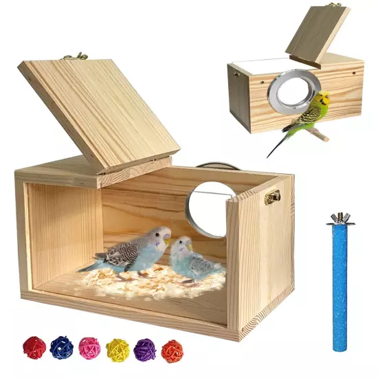 Transparent Parakeet Nesting Box,Wooden Parrot Nest Breeding Box with Perch N...