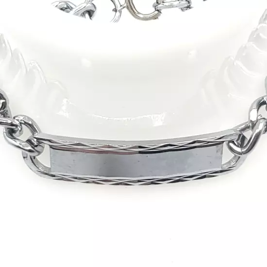 Stainless Steel Link Chain Bracelet Mens Silver Toned ID Panel 7.50 in. Length