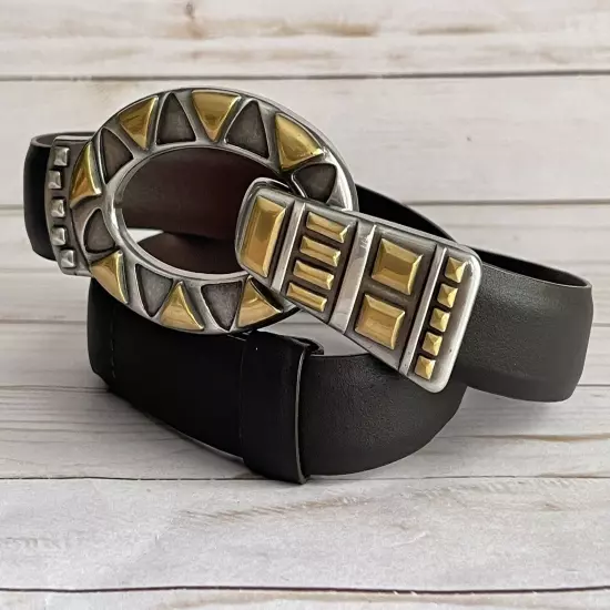 Chicos Belt Brown Leather Large Oval Silver Gold Buckle Tribal Aztec S/M