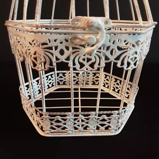 Vintage Look Metal Bird Cage Intricate Cut-Outs Bird On Top Opens At Top