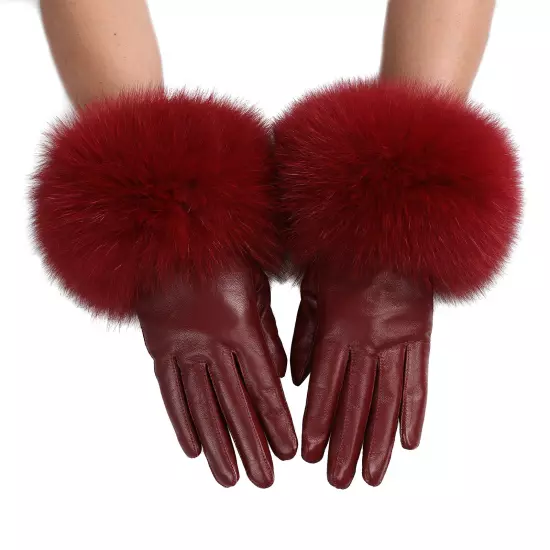 Women Genuine Lambskin Leather Gloves With Real Fox Fur Trim Cuff Winter Warm