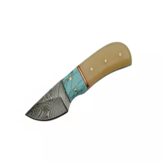 FIXED-BLADE HUNTING KNIFE | 3.5" Damascus Blade Turquoise Bone Handle Skinner