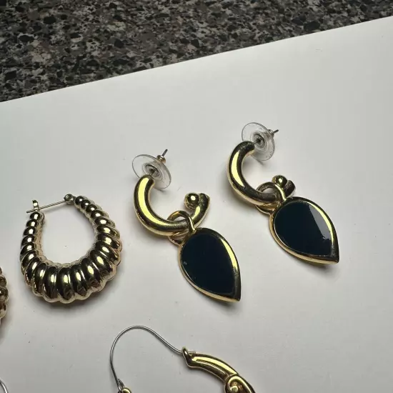 Retro Mix Hoop / Dangle Pierced Earrings Lot Of 3 Gold Tone 1 Black Enamel