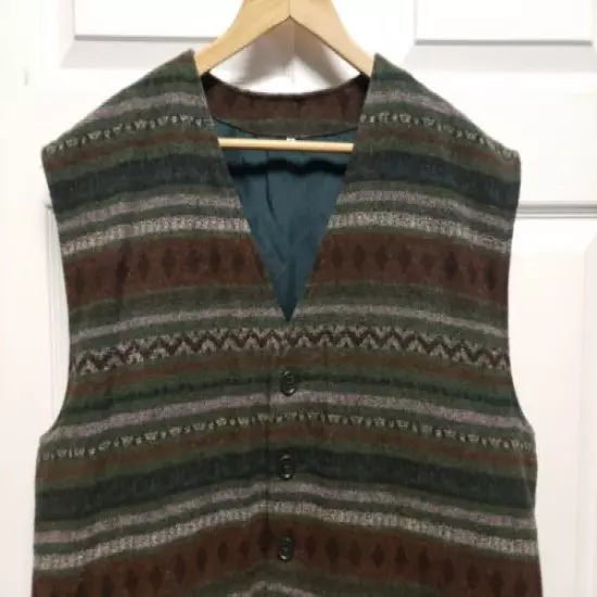 Vintage Rafio Mens Wool Vest Size 46 Brown Green Black Stripe Button Down 