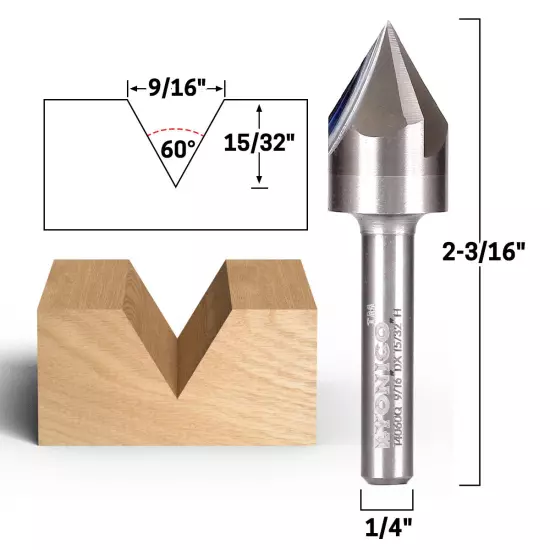 60 Degree V Groove Solid Carbide Router Bit - 1/4" Shank - Yonico 14060q