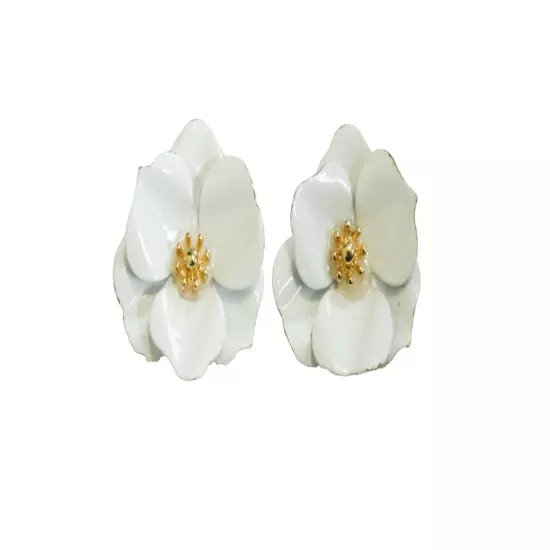 Enameled Magnolia Flower Stud Earrings White & Gold Tone