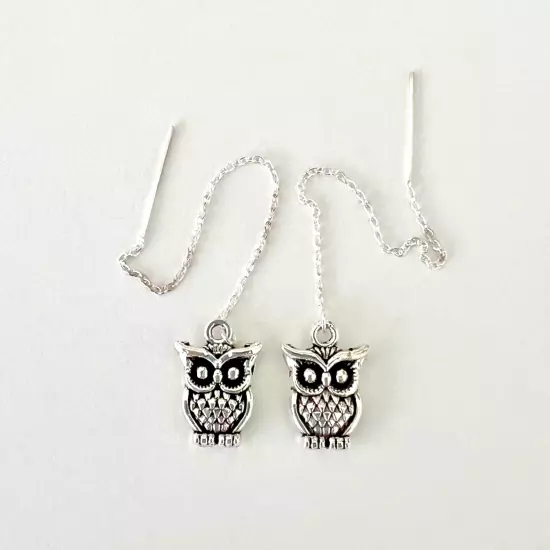 "IAJ" Owls Sterling Silver Ear Threads Threader Earrings