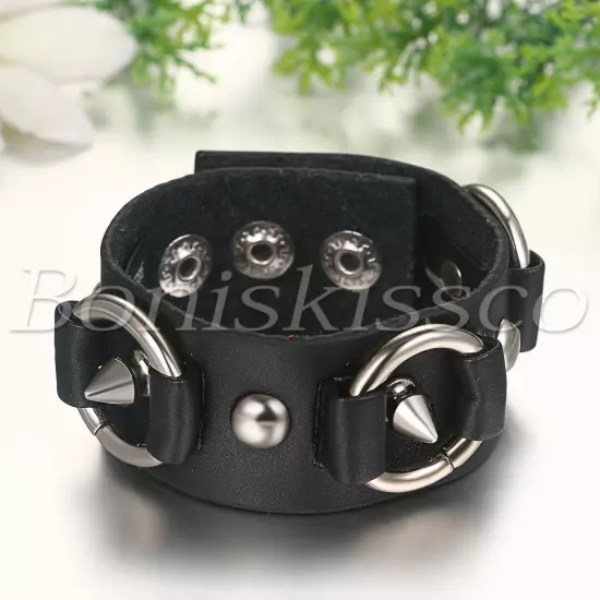 Men's Adjustable Punk Rock Wide Heavy Leather Straps Cuff Wristband Bracelet