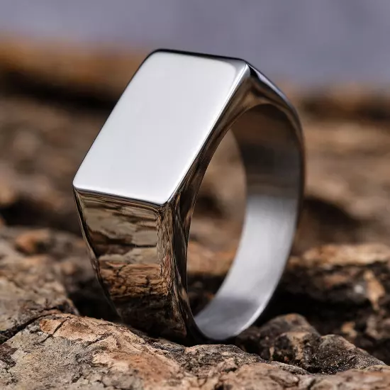 Men's minimalist geometric carved rectangular smooth ring, size 5-15 silver gold