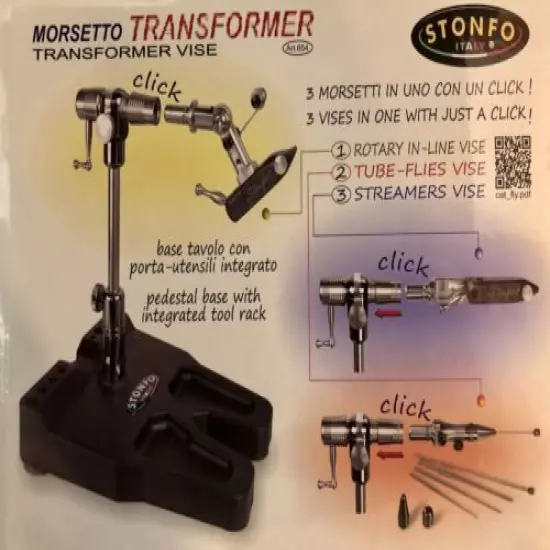 STONFO TRANSFORMER FLY TYING VISE. 3 VISES IN 1. TUBE. NEW. INTEGRATED BASE.