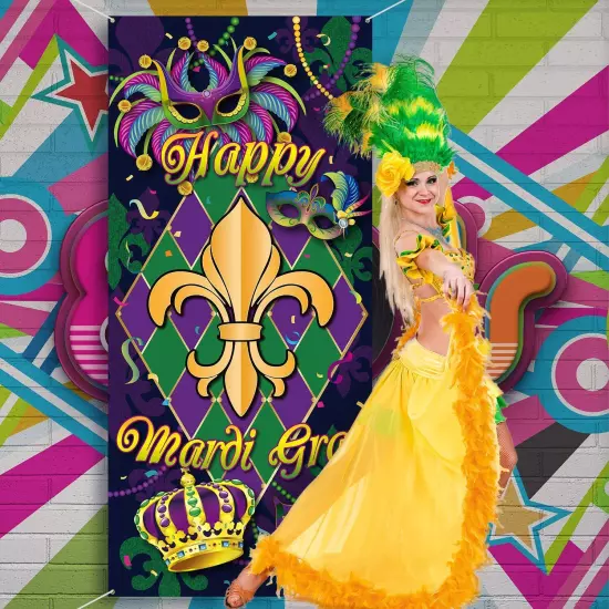 Mardi Gras Carnival Door Cover, Large Fabric Happy Mardi Gras Sign Party Door...