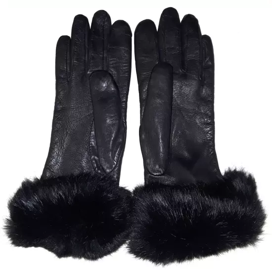 Womens lined black leather gloves with fur cuffs size M