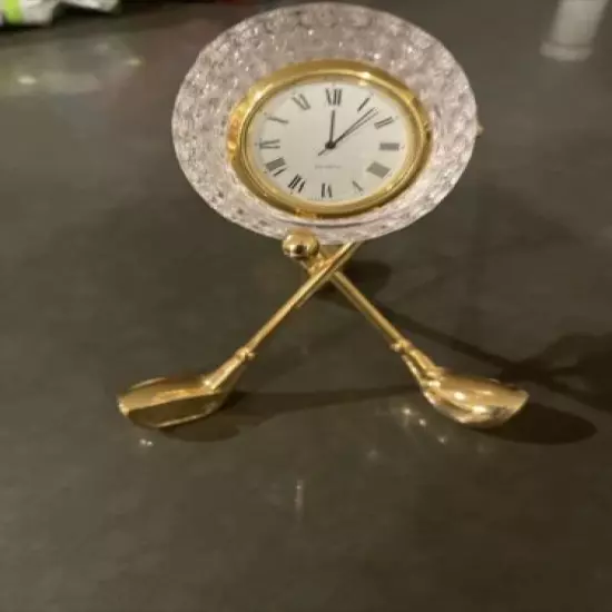 Golf Crystal Ball Clock On Stand Of 3 Brass Golf Clubs