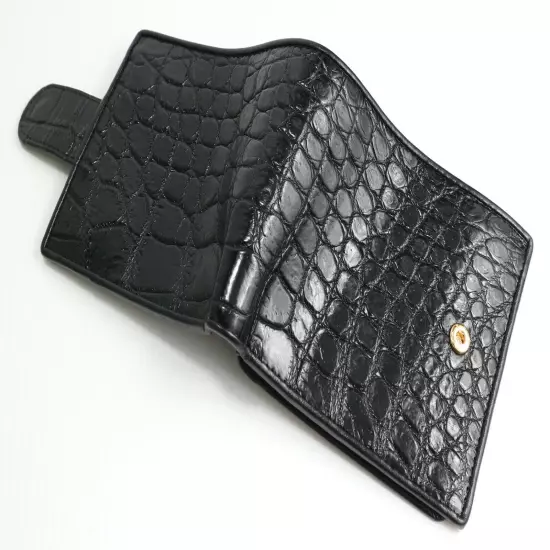 AUTHENTIC CROC SKIN MEN BIFOLD SNAP WALLET SHINY BLACK POCKET COIN SLOT SOFT NEW