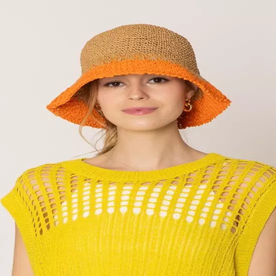 DIONA J TWO TONE STRAW BUCKET HAT ONE SIZE COLOR ORANGE