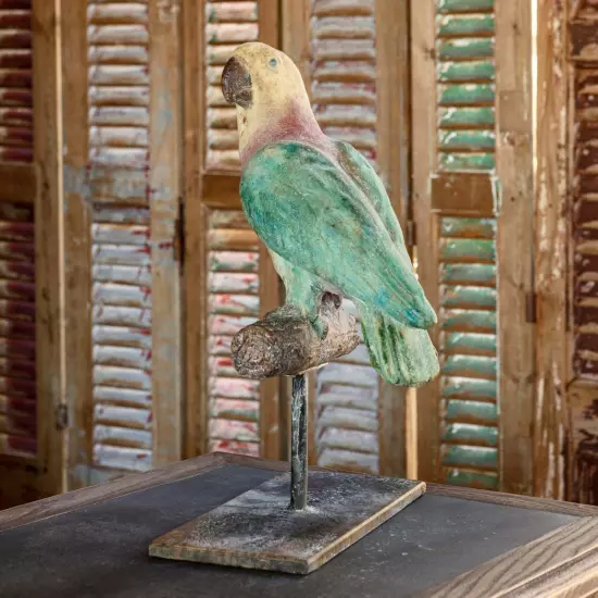 Distressed Perched Cement Parrot on Iron Stand