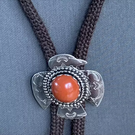 Vintage Native American Carnelian Stone Thunderbird Bolo Tie Brown Cord