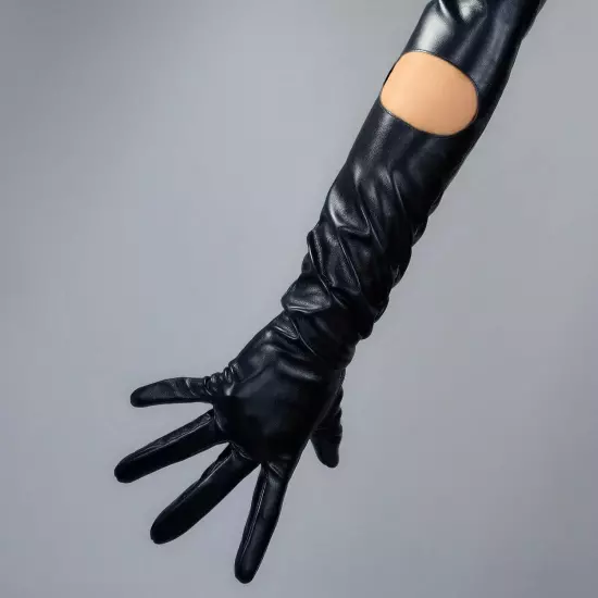 Fashion Super Long Leather Gloves Women Touchscreen Cut Out Circle 27" Faux Leat