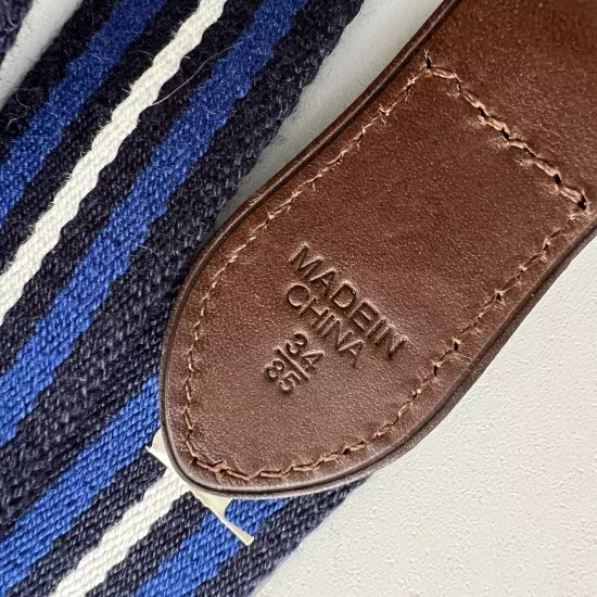 Ralph Lauren Polo Belt Blue Striped Cotton Canvas Leather Trim Buckle Size 34 35